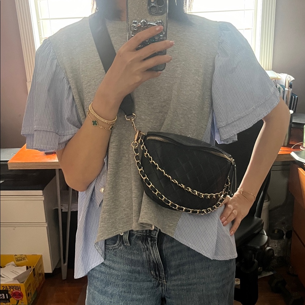 Black Quilted Chain-Accent Crossbody Belt Bag by